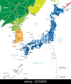 Giappone mappa vettoriale molto dettagliata con le principali città e strade. Illustrazione Vettoriale