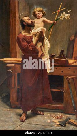 San Giuseppe col Bambino nella bottega di falegname - olio su tela - Ponziano Loverini - 1885 - mezzate di Bagnatica (BG),Italia, chiesa parrocchiale Foto Stock
