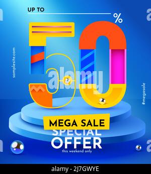 50% di sconto. Sconto composizione creativa. Vendita simbolo con oggetti decorativi e podio. Banner e poster di vendita. Illustrazione vettoriale. Illustrazione Vettoriale