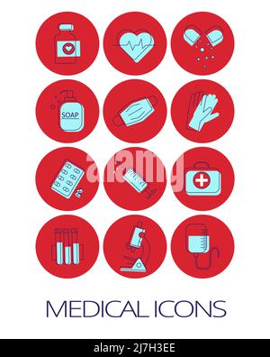 Set di icone piatte di strumenti medici e sanitari Illustrazione Vettoriale
