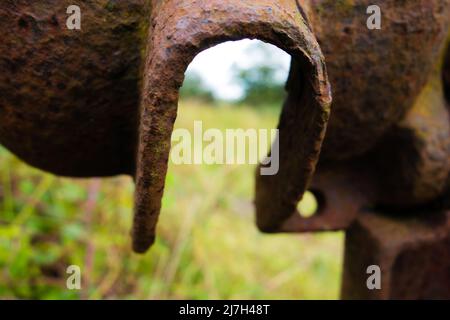 particolare di un pezzo di arrugginito e scartato macchina agricola che posano in un campo con erba sullo sfondo Foto Stock