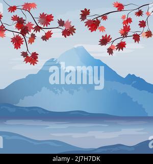 Paesaggio con Fujiyama e aceri rossi. Giappone. Illustrazione Vettoriale