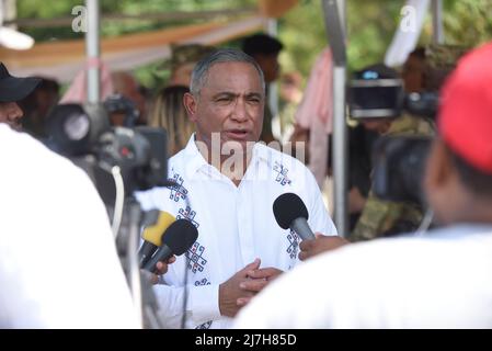 Belize City, Belize. 07 maggio 2022. Il primo Ministro del Belizean, Johnny Briceno, si rivolge ai media durante le cerimonie di apertura per l'annuale esercizio militare congiunto Tradewinds, 7 maggio 2022 a Belize City, Belize. Credit: PO3 Ryan Noe/U.S. Coast Guard/Alamy Live News Foto Stock