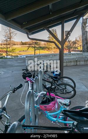 Bicycle Pavilion dietro la biblioteca pubblica Hillsboro Brookwood vicino al Duck Pond Park di Hillsboro, Oregon Foto Stock