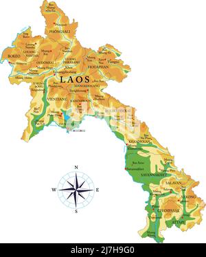 Mappa fisica molto dettagliata del Laos, in formato vettoriale, con tutte le forme di rilievo, regioni e grandi città. Illustrazione Vettoriale
