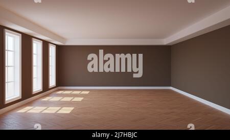 Bell'interno vuoto illuminato dal sole con pareti marroni, tre grandi finestre, cornicione, pavimento in parquet e un Plinth bianco. 3D illustrazione con un percorso di lavoro su Windows. 8K Ultra HD, 7680 x 4320 Foto Stock