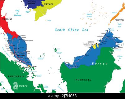 Malesia mappa vettoriale molto dettagliata con le principali città e strade. Illustrazione Vettoriale