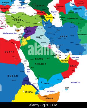 Mappa politica del Medio Oriente con ciascun paese selezionabile in modo indipendente Illustrazione Vettoriale