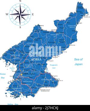 Mappa vettoriale molto dettagliata della Corea del Nord con regioni amministrative, principali città e strade. Illustrazione Vettoriale