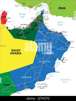 Mappa vettoriale molto dettagliata dell'Oman con regioni amministrative, principali città e strade. Illustrazione Vettoriale