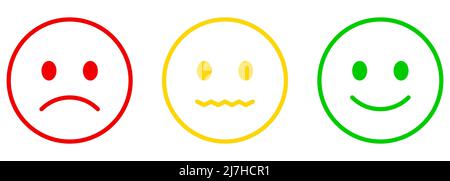 Set di icone sorriso in stile contorno. Icone emoji felici, neutrali e tristi. Illustrazione vettoriale isolata su sfondo bianco Illustrazione Vettoriale