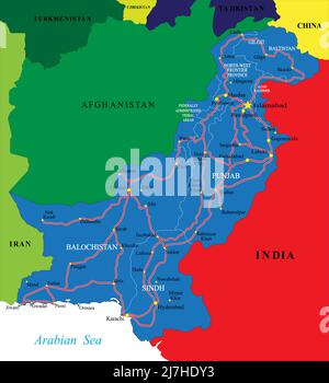 Pakistan mappa vettoriale molto dettagliata con al le diverse regioni amministrative, città e strade. Illustrazione Vettoriale