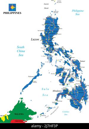 Filippine mappa vettoriale altamente dettagliata con regioni principali, città e strade Illustrazione Vettoriale
