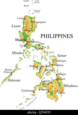 Mappa fisica altamente dettagliata delle Filippine, in formato vettoriale, con tutte le forme di rilievo, regioni e grandi città. Illustrazione Vettoriale