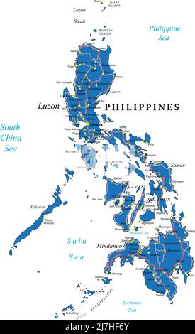 Filippine mappa vettoriale altamente dettagliata con regioni principali, città e strade Illustrazione Vettoriale