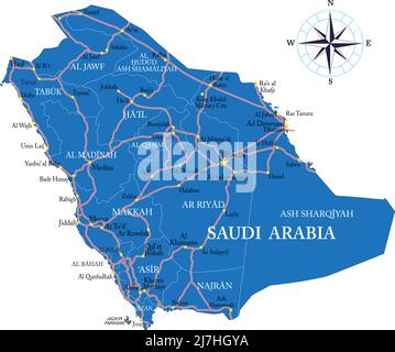 Mappa vettoriale molto dettagliata dell'Arabia Saudita con regioni amministrative, principali città e strade. Illustrazione Vettoriale