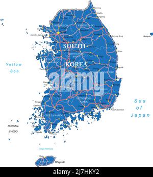 Mappa vettoriale molto dettagliata della Corea del Sud con regioni amministrative, principali città e strade. Illustrazione Vettoriale