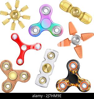 Fidget Finger Spinner Set realistico con immagini giocattolo che allevia lo stress e. vari modelli con diverse illustrazioni vettoriali di forma Illustrazione Vettoriale