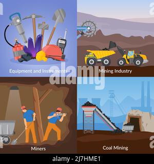 Concetto di design piatto dell'industria mineraria con attrezzature e strumenti, manodopera manuale, trasporto, estrazione del carbone, illustrazione vettoriale isolata Illustrazione Vettoriale