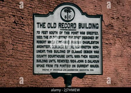 Ex sede del vecchio record edificio storico marker Greenville SC Foto Stock