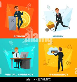 Progettazione 2x2 basata su denaro virtuale e bitcoin mining con criptovaluta isolata su sfondi colorati cartoon illustrazione vettoriale Illustrazione Vettoriale