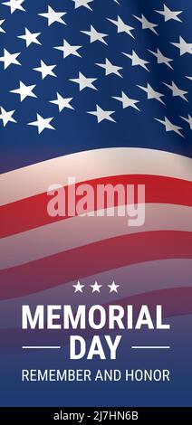 Memorial Day volantino verticale disegno vettoriale, con closeup ondeggiante bandiera USA e ricordare e onore memoriale slogan. Illustrazione Vettoriale