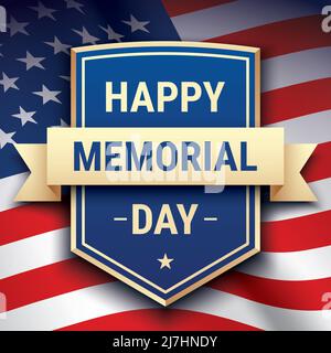 Happy Memorial Day cartolina vettoriale design, con testo su uno scudo su uno sfondo ondeggiante bandiera USA. Illustrazione Vettoriale