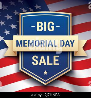 Memorial Day vendita grande cartolina vettoriale design, con testo su uno scudo su uno sfondo ondeggiante bandiera USA. Illustrazione Vettoriale