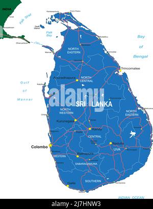 Sri Lanka Mappa vettoriale dettagliata con confini di paese, nomi di contea, strade principali e una silhouette di stato molto dettagliata. Illustrazione Vettoriale