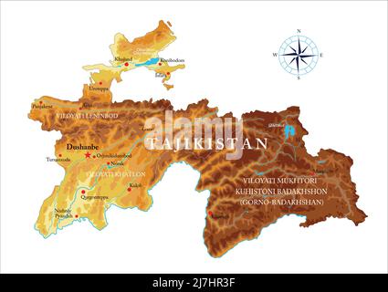 Mappa fisica molto dettagliata del Tagikistan, in formato vettoriale, con tutte le forme di rilievo, regioni e grandi città. Illustrazione Vettoriale