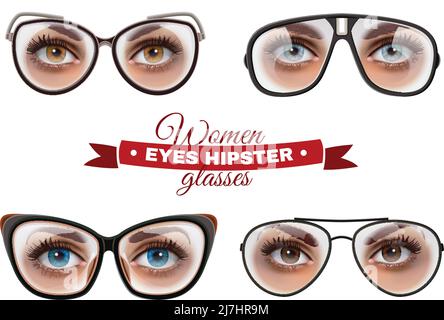 Donna occhi Hipster occhiali di sfondo collezione con testo decorativo e. immagini isolate di occhi femminili in occhiali illustrazione vettoriale Illustrazione Vettoriale
