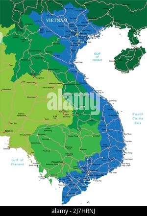 Mappa vettoriale dettagliata del Vietnam con confini di paese, nomi di contea, strade principali e una silhouette di stato molto dettagliata. Illustrazione Vettoriale