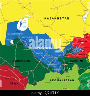 Mappa vettoriale molto dettagliata dell'Uzbekistan con regioni amministrative, principali città e strade. Illustrazione Vettoriale