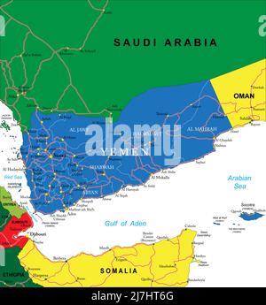 Mappa vettoriale molto dettagliata dello Yemenita con regioni amministrative, principali città e strade. Illustrazione Vettoriale