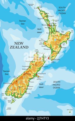 Mappa fisica altamente dettagliata della Nuova Zelanda, in formato vettoriale, con tutte le forme di rilievo e le grandi città Illustrazione Vettoriale