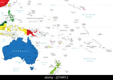 Mappa vettoriale molto dettagliata dell'Oceania con paesi e città principali. Illustrazione Vettoriale