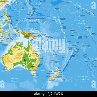 Mappa vettoriale molto dettagliata dell'Oceania con i paesi, le principali città e tutte le forme di rilievo. Illustrazione Vettoriale