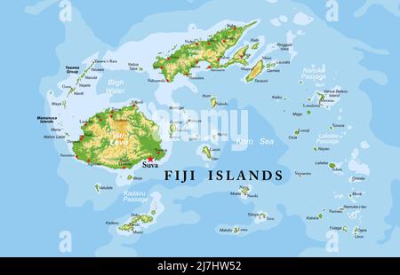 Mappa fisica altamente dettagliata delle isole Figi, in formato vettoriale, con tutte le forme di rilievo, regioni e grandi città. Illustrazione Vettoriale