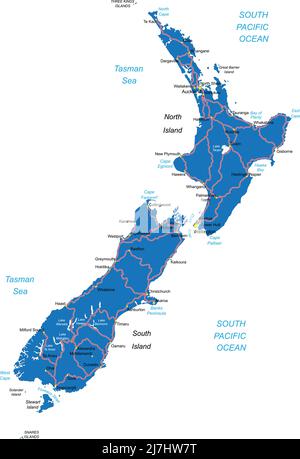 Mappa vettoriale della Nuova Zelanda con confini statali, principali città e strade. Illustrazione Vettoriale