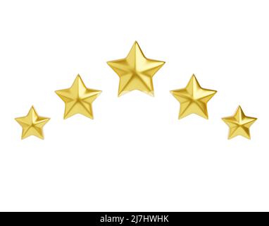 Cinque stelle d'oro 3D sono un'illustrazione per il concetto di recensione del cliente. Concetto di esperienza positiva per il cliente. Opinione e soddisfazione dei clienti per re Foto Stock