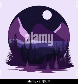 Cartoon notte paesaggio con montagne e foresta Illustrazione Vettoriale