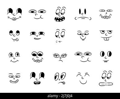 Collezione di vecchi cartoni animati tradizionali retrò. Vintage volti di persone con diverse emozioni del 20s 30s. Espressioni di carattere emoji 50s Illustrazione Vettoriale