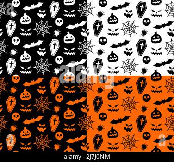 Ripetizione senza giunture con simboli di Halloween. Design di silhouette per la festa di Halloween. Per cartolina, tessuto, banner, modello, confezione Illustrazione Vettoriale