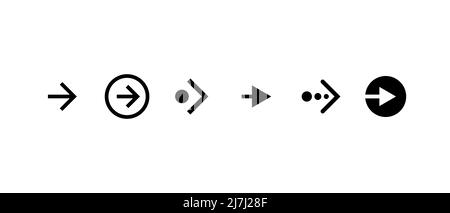 Scorri verso destra insieme di icone del pulsante. Pittogramma a freccia di scorrimento per applicazioni e social network per web design o app. Insieme di elementi dell'interfaccia utente del puntatore di direzione successivo nero. Illustrazione eps vettoriale Illustrazione Vettoriale