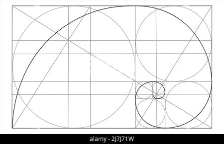 Modello Golden Ratio. Spirale logaritmica in rettangolo con cerchi e linee incrociate. Forma a guscio Nautilus. Sequenza Fibonacci. Griglia delle proporzioni di simmetria ideali. Illustrazione del contorno vettoriale Illustrazione Vettoriale