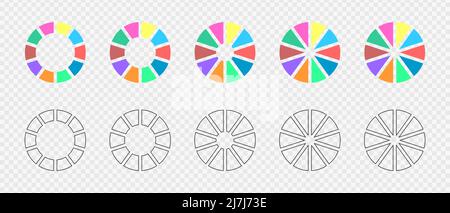 Carte a ciambella divise in 10 sezioni multicolore e grafiche. Set di ruote infografiche. Diagrammi circolari o barre di carico. Forme arrotondate tagliate in dieci parti uguali. Illustrazione vettoriale piatta e di contorno Illustrazione Vettoriale