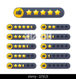 Valutazione di cinque stelle d'oro del feedback dei clienti. Le stelle d'oro di Vector 5 e le icone con il pollice verso l'alto. Qualità del servizio e valutazione del prodotto classificazione barre isolate con classifica voto cliente Illustrazione Vettoriale
