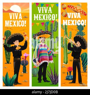 Viva Mexico banner, Mexican Mariachi band nel deserto con cactus. Vector Men musicisti personaggi in sombrero e costumi nazionali che suonano tromba e maracas. Biglietti d'auguri per le festività Latin fiesta Illustrazione Vettoriale