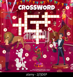 Shapito circus performers, foglio di lavoro di puzzle di cruciverba, vettore trovare parola quiz griglia di gioco. Bambini educazione Crossword indovinello con circo illusionist con coniglio, clown e leone trainer con scimmia giocoliere Illustrazione Vettoriale