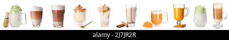 Set di caffè latte diverso su sfondo bianco Foto Stock